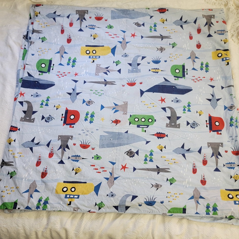 Pottery Barn Kids Organic Ocean‎ Explorer Full Queen Duvet Cover Shark Submarine